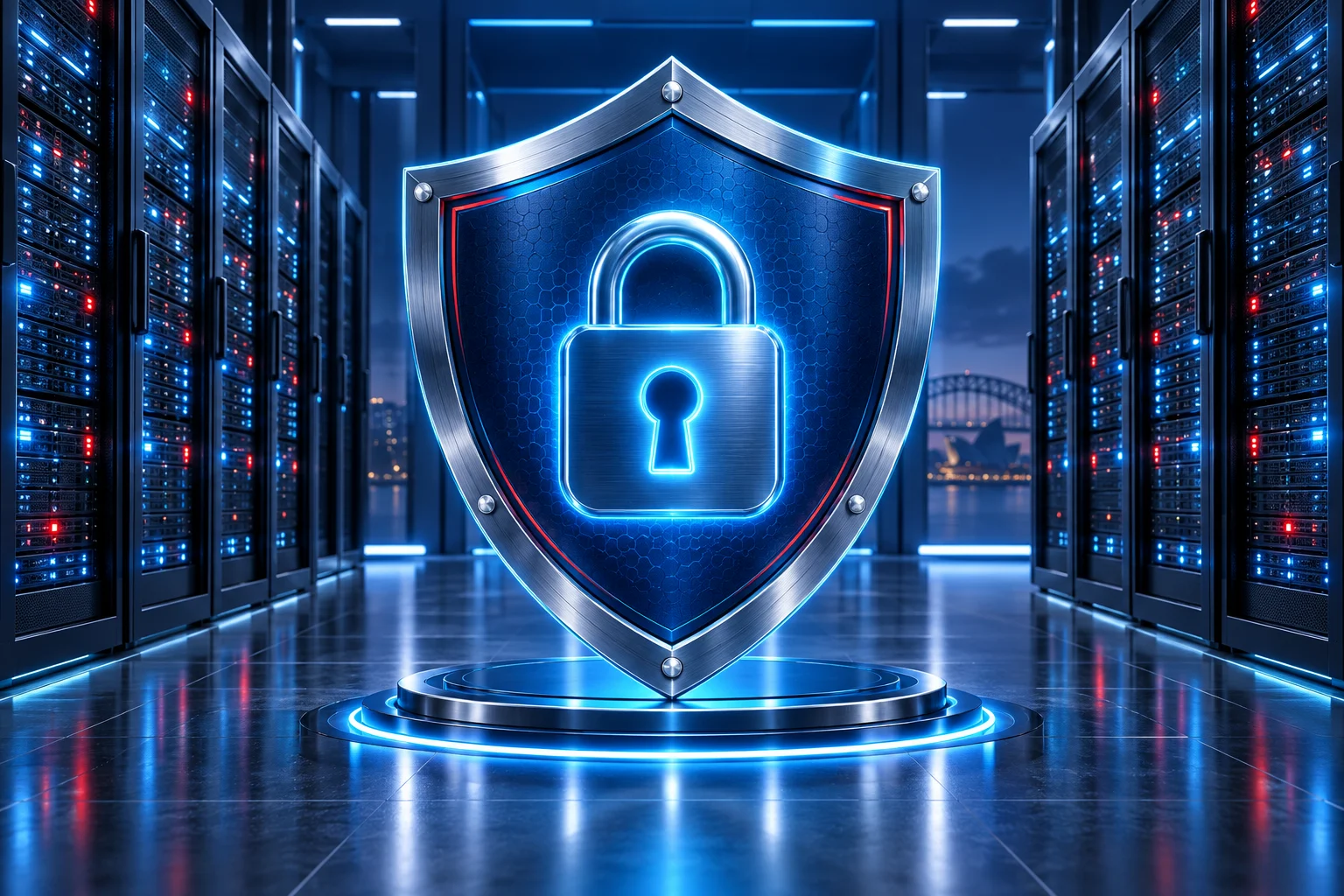 Shield and padlock in front of secure data servers